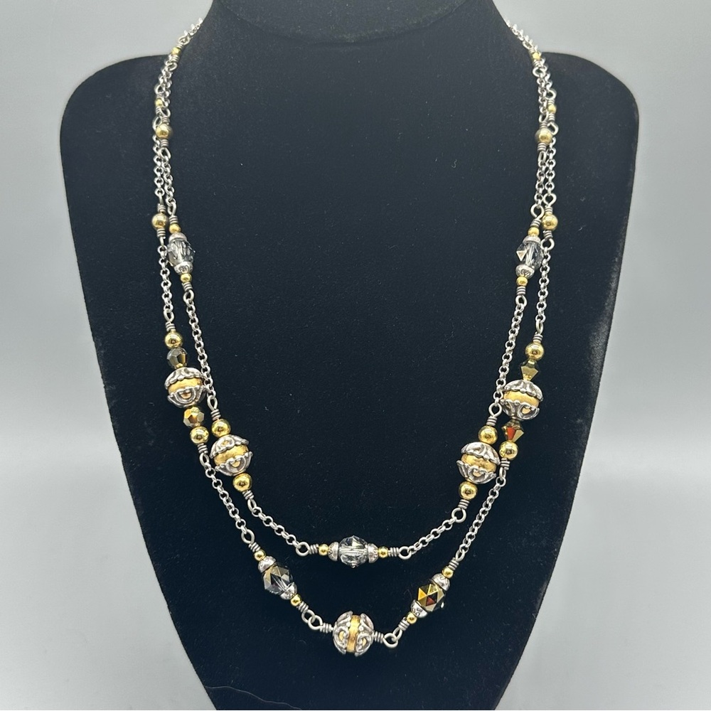Brighton Two Tiered Double Strand Silver Gold Tone Crystal Beaded Necklace 18”
